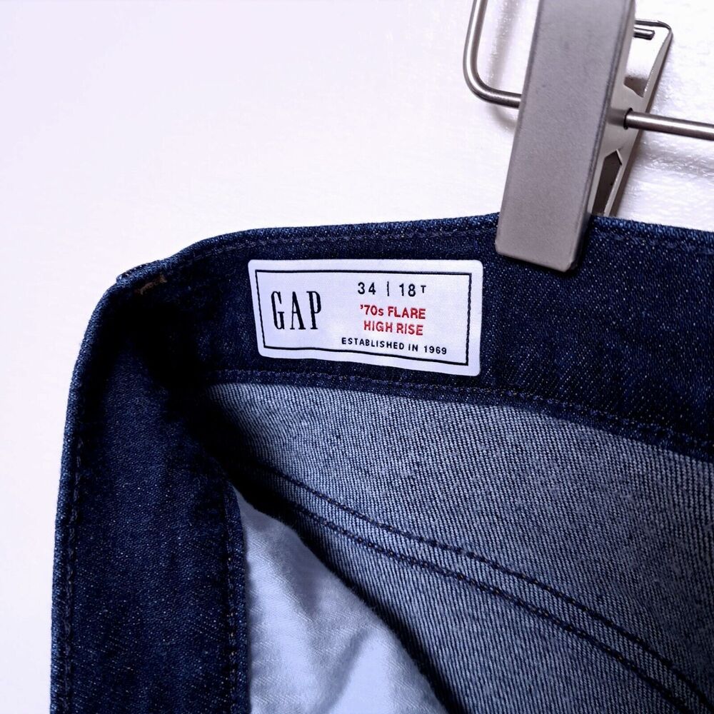 GAP 70s Flare Jeans High Rise Dark Wash Women’s 34 18T Tall Stretch Denim - Picture 8 of 12